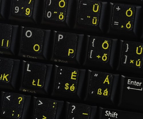 HUNGARIAN KEYBOARD STICKERS WITH YELLOW LETTERING TRANSPARENT BACKGROUND