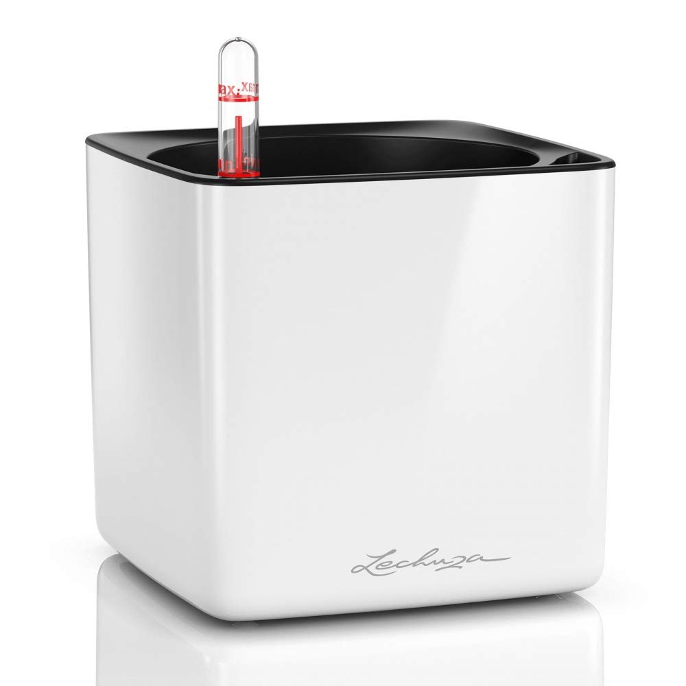 LECHUZA Self Watering Plant Pots Indoor CUBE Glossy 14 Small Plastic Planter without Drainage Hole H14 L14 W14 cm White High-Gloss — image 1