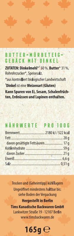 Tims Feines Bio Shortbread Natur 165 g I Original Kanadische Butterkekse I Buttriges, süßes Dinkel-Mürbteig-Gebäck ohne Konservierungsstoffe I Traditionelle kanadische Backwaren Made in Germany 6