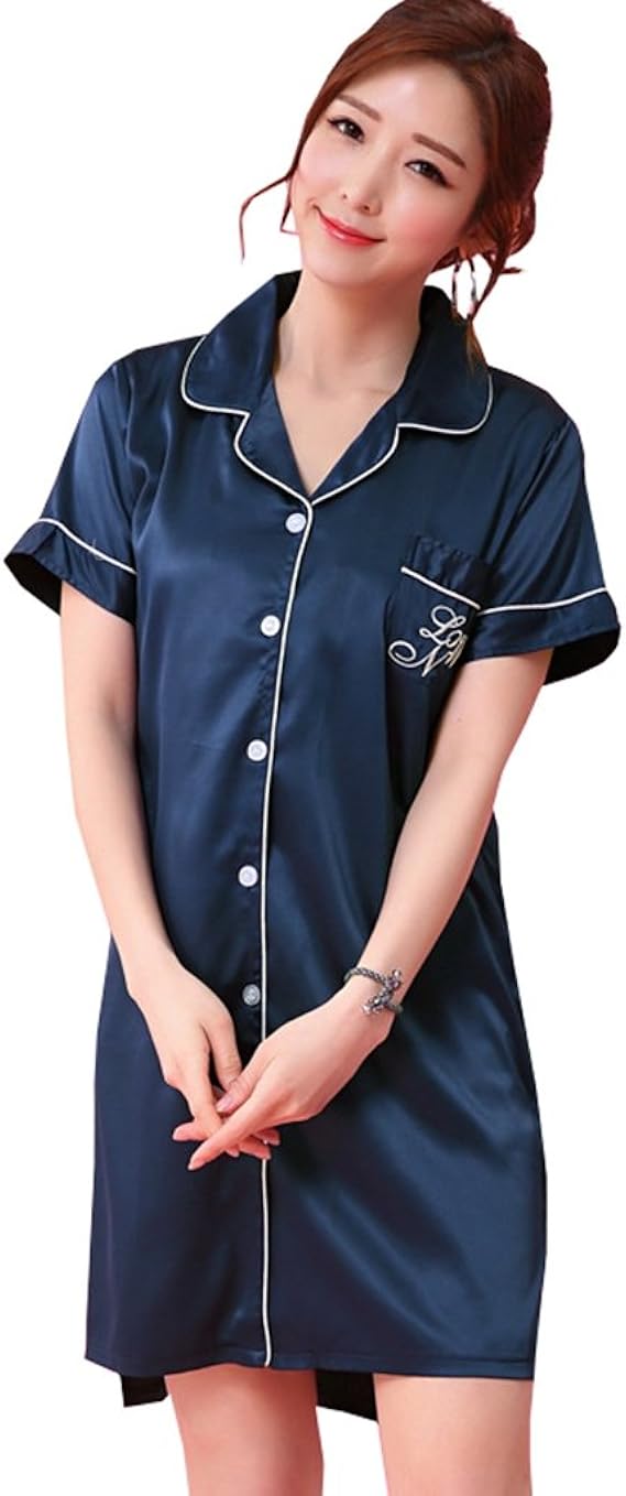 Amazon テンカ パジャマ レディース 夏 シルク 半袖 ワンピース 可愛い ロング シャツ風 前開き セクシー ルームウェア 部屋着 ナイトウェア 無地 パジャマ ルームウェアセット 通販