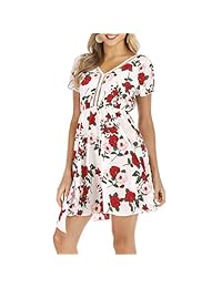 QiTuo Vestido estampado floral Boho para mujer Recorte Cuello en V profundo Una línea Mini vestidos casuales