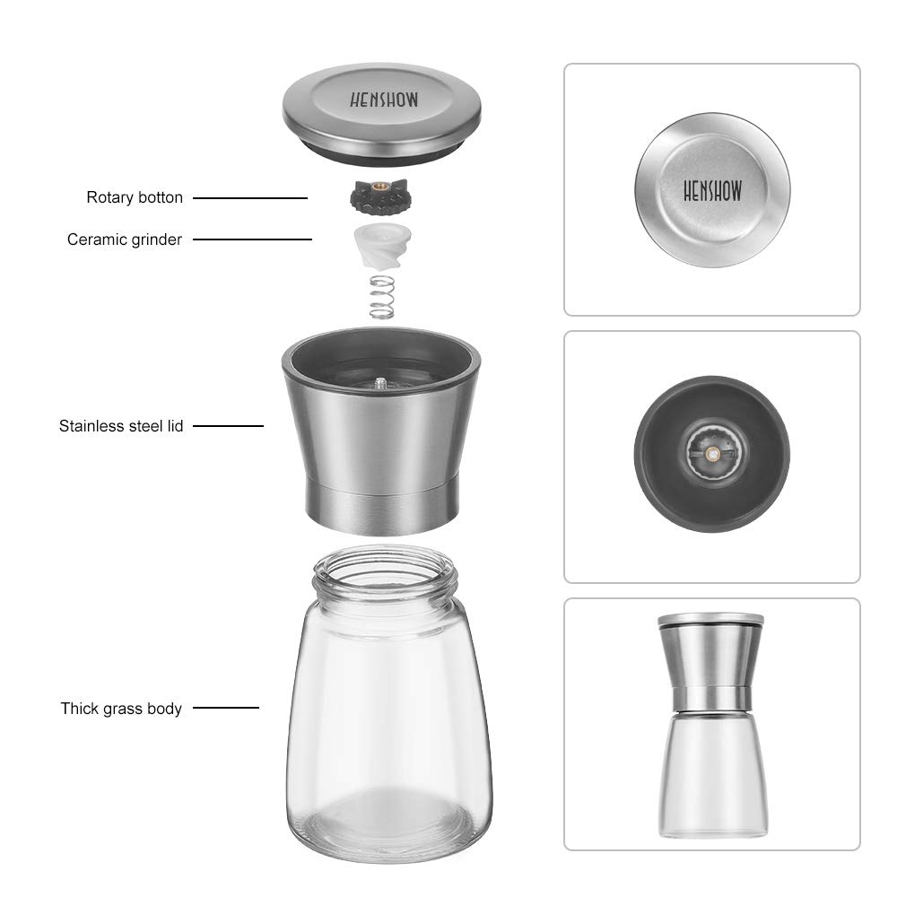 Salz- und Pfeffermühle Set, Henshow 2er Pack Premium Bürste Edelstahl Salz- und Pfeffermühle Set und Glaskörper Salz und Pfefferstreuer mit einstellbarer Keramik Grobigkeit zum Kochen Grillen
