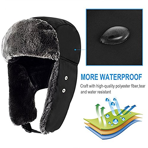 Unisex Winter Trooper Trapper Hat - Windproof Waterproof Warm hat with Adjustable chin strap & Removable face mask for All Sports Outdoors Snowboard, Outdoor Cycling Snow Shoveling (Black)