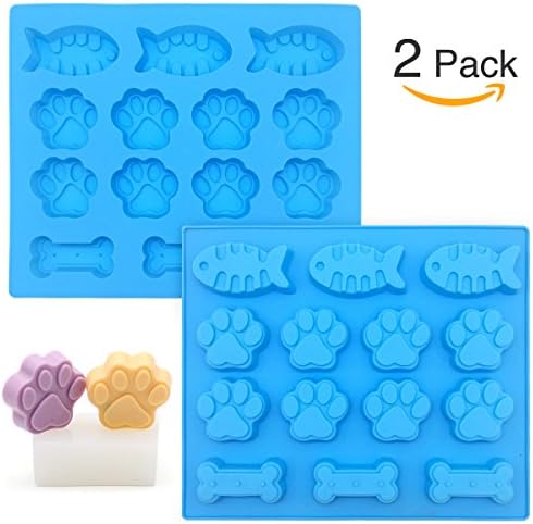 2-Pack 14-cavity Mixed Food Grade Large Mats Trays, Dog Pets Paws Fish and Bones Silicone Baking Molds, Bake for Kids, Dog-lovers, Kitchen Tips Blue