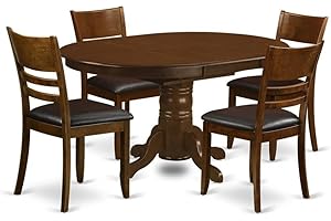 Pemberly Row 5-Piece Wood Dining Set, Oval Rubberwood Table with 18-Inch Butterfly Leaf, Solid Asian Hardwood, Faux Leather S