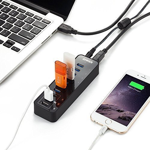 Anker USB Hub, USB 3.0 Hub, 10 Port 60W Data Hub, with 7 USB-3.0 Ports, 3 PowerIQ Charging Ports, Compatible with MacBook, iMac, Dell XPS, Surface Pro, iPhone, iPad Air, Galaxy Series, Mobile HDD