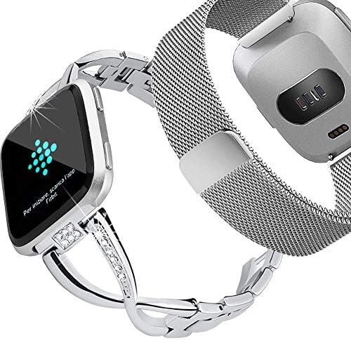 Oitom Metal Bands Compatiable with Versa Smartwatch Lite Edition/Special Edition Women Men,2 Pack 1 Bling Fashion Band+1 Magnet Milanese Loop(Large Silver)