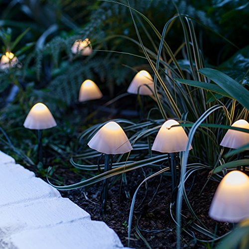 Lights4fun 12 LED Solar Lichterkette Pilze warmweiß Pilz Deko Pilze Mushroom Lamp Solar Garten Pilzlampe Außen
