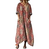 TIAFORD 2026 Spring Summer Boho Floral Printed Linen Maxi Dress V Neck Batwing Sleeve Oversized Kaftan Dresses with Pockets