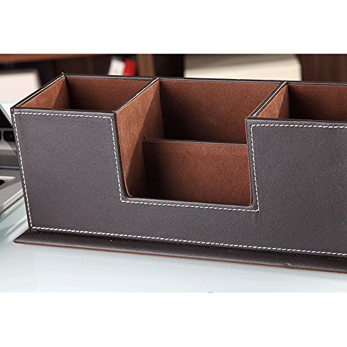 UnionBasic PU Leather 4 Compartment Desk Organizer Card/Pen/Pencil/Mobile Phone Office Supplies Holder Collection Desktop Organizer (Coffee)