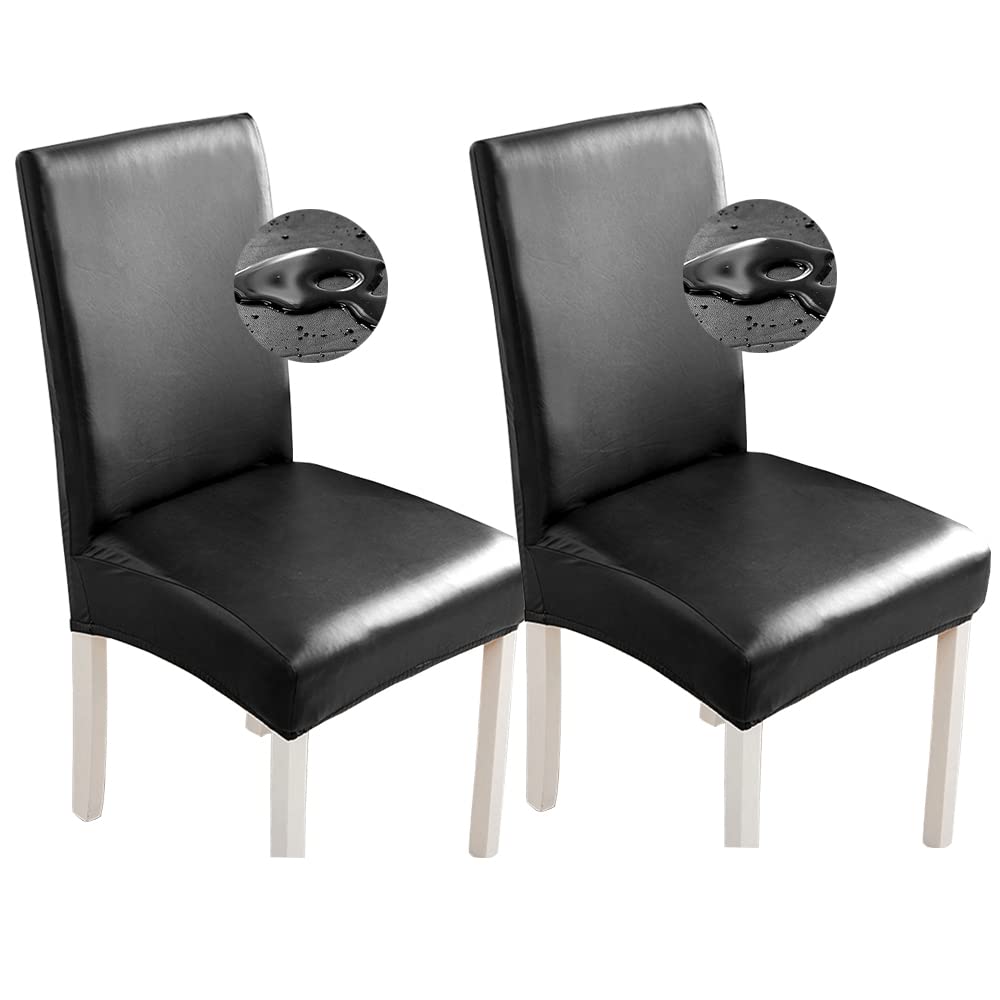 Bestenrose Stretch Dining Chair Covers Waterproof PU Leather Chair Slipcovers Chair Protector Cover Universal Chair Covers for Dining Room Kitchen Hotel (Set of 2, Black)