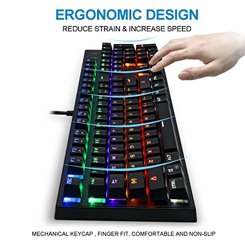 Mechanical Gaming Keyboard, Rockjame 104 Keys Anti-Ghosting LED Backlit Multiple Color Rainbow Blue Switch USB Wired Typing Gaming Illuminated Keyboard for PC Mac Gamers Typist