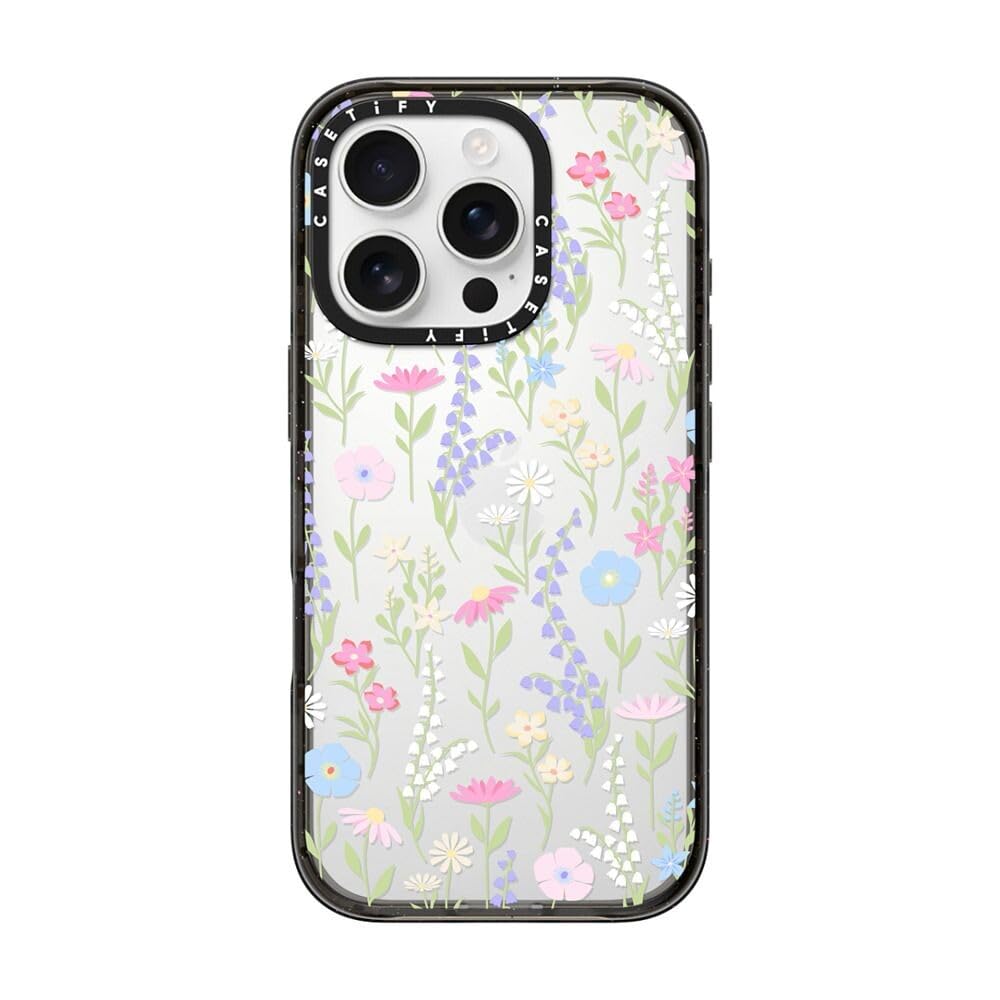 CASETiFY Impact iPhone 16 Pro Case [Slim / 8.2ft. 4X Military Grade Drop Protection/Wireless Charging Compatible] - Pink Pastel Cute Floral - Clear Black