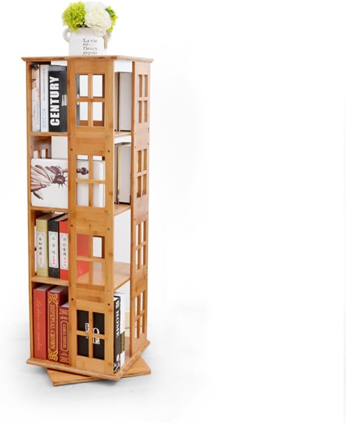 XIAOXIAO Bookshelf Bamboo Art 4th Floor Floorstanding 360 Degree Rotation Shelves 118 * 37 * 37CM Easy to move