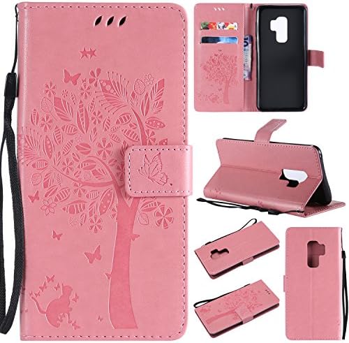 HAOTP Galaxy S9 Plus Wallet Case, Floral Flower Love Tree & Cat Embossed PU Leather Magnetic Flip Shockproof TPU Inner Bumper Card Holders & Hand Strap Purse Case for Samsung Galaxy S9 Plus Pink