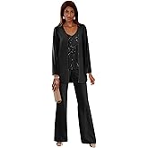 Senunlia 3 Pieces Chiffon Mother of The Bride Pant Suits for Wedding Sequin Wedding Guest Outfit for Women with Jacket