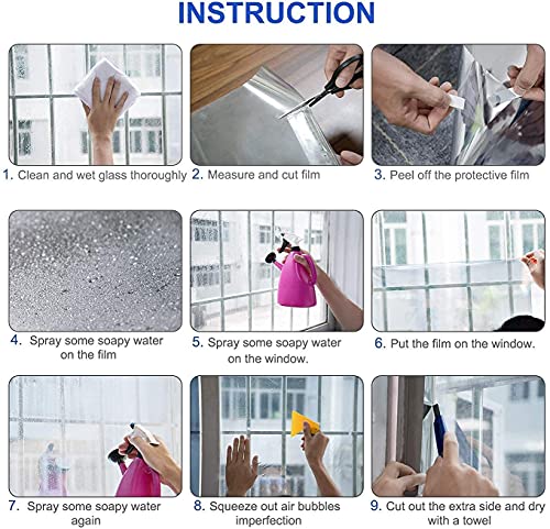 Tain-Free Mirror Window Film 99% Anti-UV, Anti-Heat, Anti-Gaze Temperature Control, Privacy Protection Adhesive Film for Windows, Home, Office, Store (Silver, 90 x 400 cm)