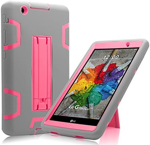 Windrew Heavy Duty rugged impact Hybrid Case with Build In Kickstand Protective Case For LG G Pad X 8.0 / LG GPad III 3 8.0 Inch Tablet + Screen Protector Film and stylus pen (Gray / Pink)