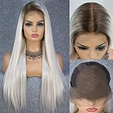 K'ryssma 13x6 Deep Free Parting Ombre Blonde Lace Front Wig Natural Hairline Long Silk Straight Synthetic Wig for Women Dark Roots Platinum Blonde Wig 22 inches