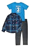 U.S. Polo Assn. Boys' Little 3 Piece Long Sleeve Fancy Sport Shirt, T-Shirt Or Creeper, and Denim Jean Set, Turquoise, 6