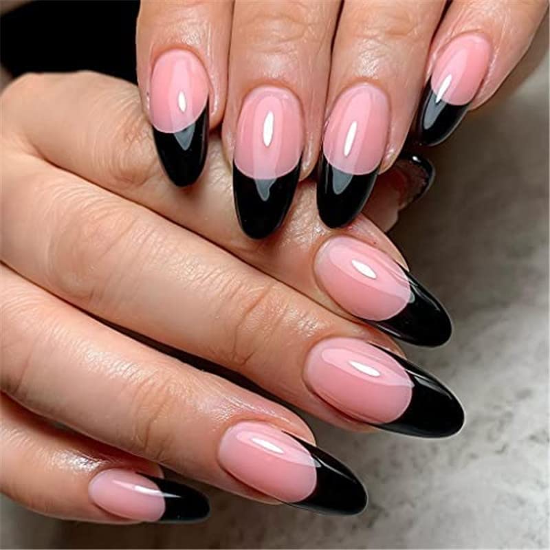 Vatocu Coffin Glossy False Nails Long Pink Fake Nails Flame Tai Chi Press on Nails Black White Full Cover Ballerina Acrylic Stick on Nails for Women and Girls (24 pcs) (Black 2)
