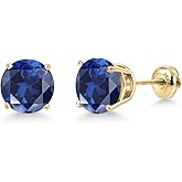 Gem Stone King 14K Yellow Gold Blue Created Sapphire Stud Earrings for Women | 5.00 Cttw | Gemstone September Birthstone | Round 8MM