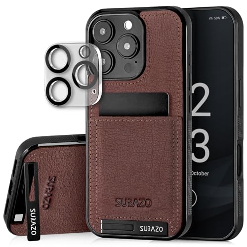 SURAZO Echtleder Back Case für Apple iPhone 16 Pro Max Hülle – Stoßfestes Leder Handyhülle Cover [Kameraschutz Glas, Kartenfach, Standfunktion, Schlüsselanhänger] Bumper Rückseite Schutzhülle Supreme