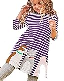 Girls Winter Dresses Cartoon Cat Dog Bird Applique Purple Striped Tunic Blouse