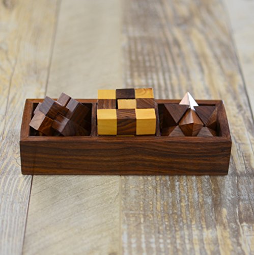 Rusticity® 3-in-One Wooden Puzzle Set - 3D Puzzles - Includes Twister Snake Cube, Interlocking Star Cube and Interlocking Diagonal Puzzle in a Storage Box | Handmade |
