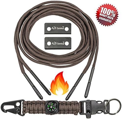 A2S Hiker Survival Kit: Paracord Fire Starter Laces - Compass, Key Chain, Emergency Whistle, Carabiner - Hiking Survival Gear (Brown, 55")