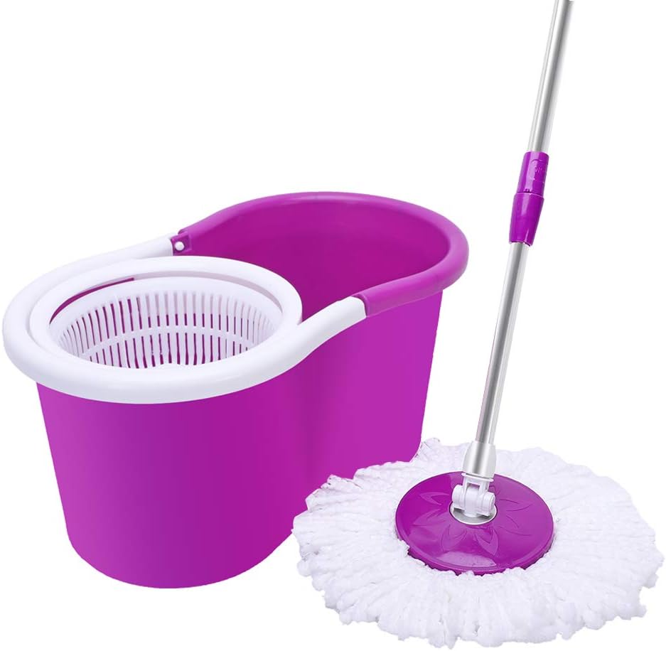 Crazyworld Spin Mop 360° Floor Mop Buckets System with 2 Microfiber Mop Heads, Adjustable Stainless Steel Handle,Perfect Home + Kitchen Cleaner for Hardwood, Laminate, Tiles, Vinyl (Purple)