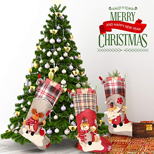 Aiduy 3 Pack 18" Christmas Stockings Decoration with Cute 3D Plush Santa Snowman Reindeer Xmas Stockings Ornament Gifts for Christmas Decorations and Family Holiday Party Decor - Thumbnail 2