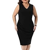 Agnes Orinda Plus Size Women's Wear to Work Sleeveless V Neck Ruched Bodycon Business Casual Office Pencil Dresses