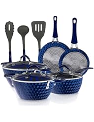 11-Piece Nonstick Kitchen Cookware Set - Excilon Blue Diamond Ceramic Home Kitchen Ware Pots and Pan Set with Saucepan, Frying Pans, Cooking Pots, Dutch Oven Pot, Lids, Utensil - NutriChef NCCW11DS