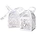 KAZIPA 50pcs Laser Cut Wedding Favor Boxes, 2.2''x2.2''x2.2'' Gift Boxes with 50 Ribbons, Rustic Wedding Decoration Bridal Shower Party Favor Birthday(White)