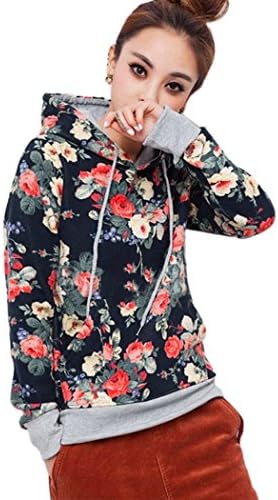 Hxxskt Women's Girl's Fashion Long Sleeve Floral Pullover Spring Autumn Hoodie (Large, Black)