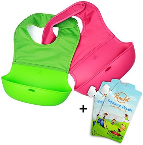 KEMDEL Waterproof Silicone Bib – Roll up Fabric Neck, Super Comfortable, Wide Food Catcher Pocket, Easy to Clean, Set of 2 Colors (Green/ Pink), with 2 Reusable Food Pouches as Gifts