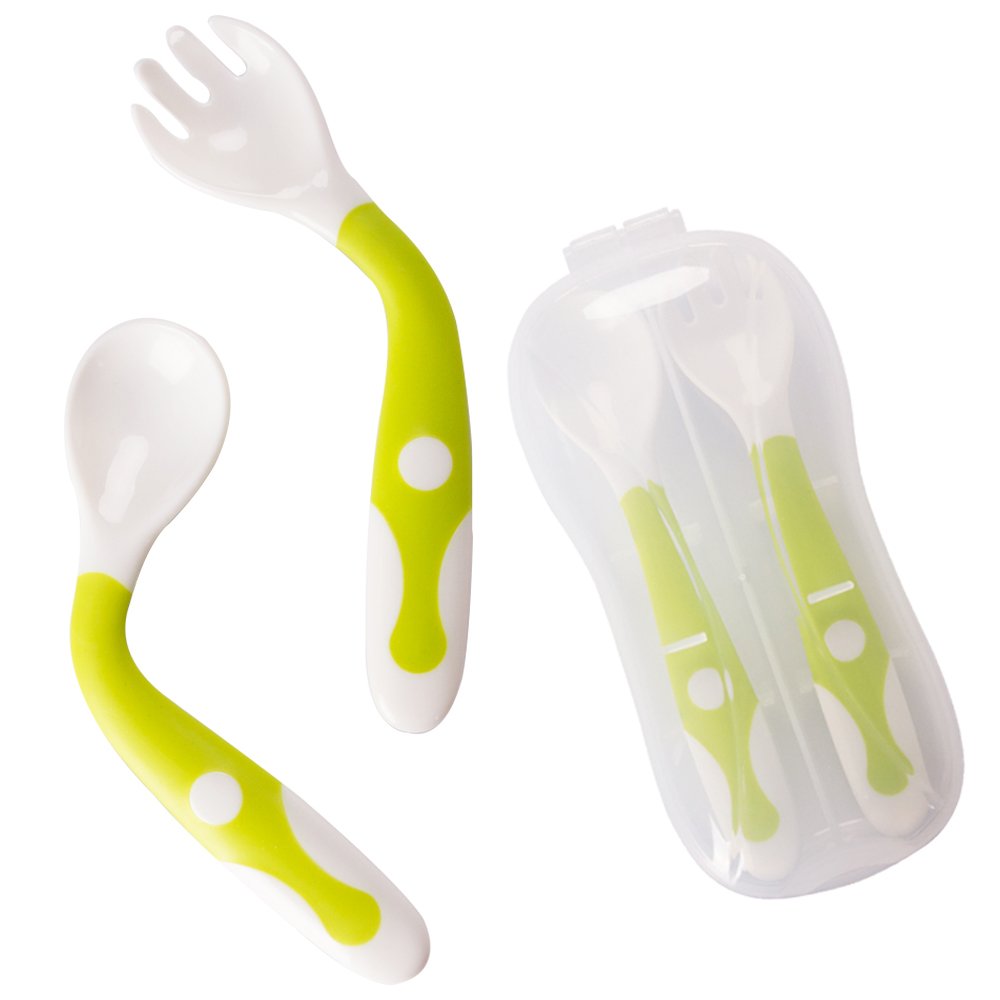 Baby Utensilien Löffel Gabel Set mit Reise Safe Fall Kleinkind Babys Kinder Fütterung Training Löffel Easy Grip hitzebeständig Biegsamen Soft Perfekte Selbst Fütterung lernen Löffel(2 Stück)