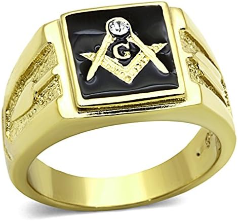 Marimor Jewelry Men's Stainless Steel 14k Gold I.P. Crystal Masonic Lodge Freemason Ring Sz 8-13