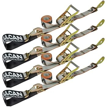 VULCAN 1-Ply Flexible Axle Tie Down Combo Strap with Snap Hook Ratchet - 2 Inch x 114 Inch, 4 Pack - Silver Series - 3,300 Pound Safe Working Load