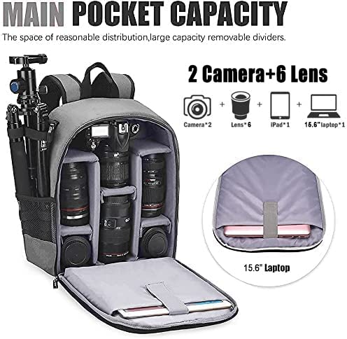 Cwatcun Camera Backpack DSLR SLR Camera Bag with 15.6 Inch Laptop Compartment For Canon Nikon Sony,Water Resistant Camera Backpack for Women and Men,Adjustable Tripod Holder (Ⅱ Large Grey)