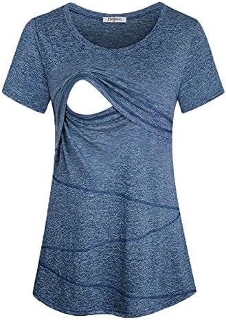 Hellmei Nursing Tunic, Women Summer Casual Short Sleeve Breastfeeding Tee Shirt Stretchy Layering Flattering Home Wear Casual Comfy Maternity Nursing Tops(X-Large, 03RiverBlue)