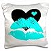 3dRose Turquoise Smooches Lips with A Black and Turquoise Heart-Pillow Case, 16 by 16