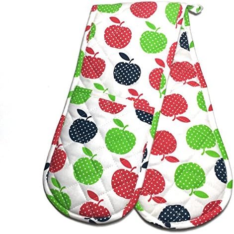 Kitchen BBQ Double Oven Mitts Gloves | Extra Long & Thick, Heat Resistant | Quilted Cloth Attached 1 Piece Oven Gloves | 100% Cotton Fun Red Green Blue Apples Food Pattern Pot Holder