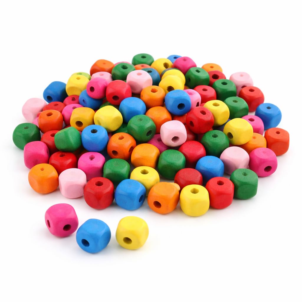 Pack of 200 Wooden Cubes Wooden Beads 6 mm Colourful Mix Colour for Threading Dice for Crafts 2 mm with Hole Spacer Beads for DIY Jewellery Arts Crafts Necklace