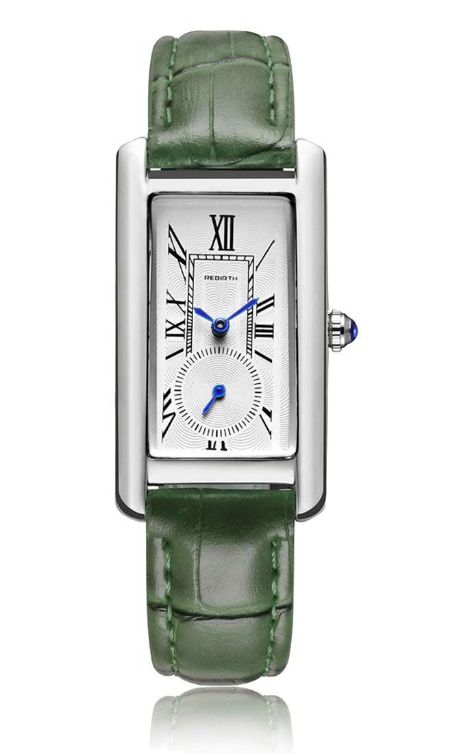 Women Quartz Watch Lady Stylish Rectangle Dress Watch with Leather Strap and Blue Crystal Crown, Silver Green, Stylish,Vintage, Fashion