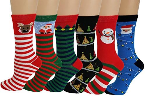 6 Pairs Novelty Design Crew Socks, Christmas Holidays Crazy Fun Colorful Fancy Design