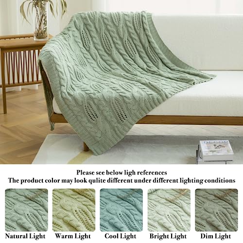 Amélie Home Sage Green Chunky Cable Knit Throw Blanket Fall Soft Cozy Farmhouse Throw Blankets for Couch Sofa Bedroom 50 x 60