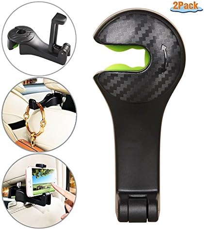 Himerus 2-in-1 Car Hook Mobile Phone Holder - Car Headrest Hook,Vehicle Universal Back Seat Headrest Hanger Holder Hook for Handbag,Purse,Clothing, Bag,Shopping Bag Black, Multi-Function (2 packs)