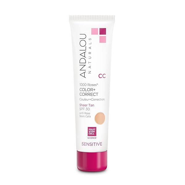ANDALOU NATURALS 1000 ROSES CC COLOR + CORRECT WITH SPF 30, SHEER TAN, 2-IN-1 FACE SUNSCREEN + CC CREAM FOR SENSITIVE SKIN, HELPS CORRECT UNEVEN SKIN TONE, REEF SAFE SUNSCREEN, 2 FL OZ